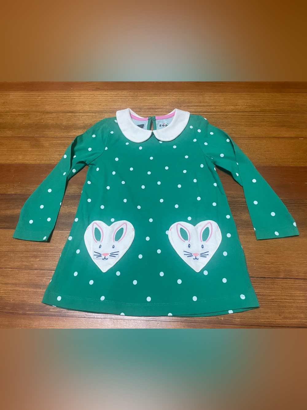 Mini Boden Green Polka Dot Bunny Pocket Tunic Dress Size 3-4 Years